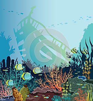 Coral reef, fish, sunken ship. Underwater sea.