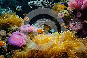 a coral reef with lots of sea anemones and clown fish