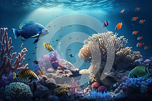 Coral reef with many different colorful fish underwater in rays of light, generated ai
