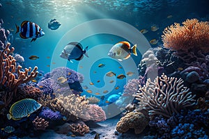 Coral reef with many different fish underwater in rays of sun light, generated ai