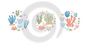 Coral reef round composition set isolated on white background. Sea underwater elements. Vector flat illustration