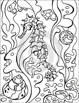 Coral reef, sea Horse and seashells coloring page. Original coloring underwater world. Summer fun. Black and white graphic. Sketch