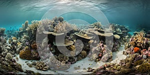 coral reef sea underwater panorama view, coral barrier, generative AI