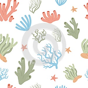 Coral reef seamless pattern. Sea underwater elements endless background. Vector flat illustration