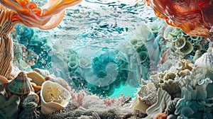 coral reef, shells, sponges, and turquoise water against a white background, invoking the mystical allure of Norse