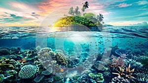 A coral reef stretches beneath the oceans surface, with a tropical island visible in the distant background