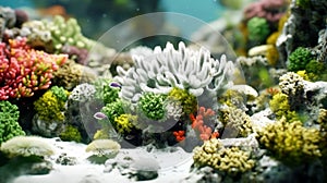 The coral reef is suffering from degreasing and destruction caused by oceanic acidosis, posing a threat to its survival. Negative photo