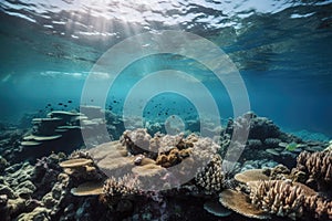 coral reef surrounded by schools of colorful fish, swimming in unison