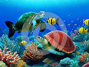 Coral reef underwater with vibrant fish and a turtle.