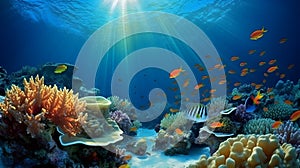 Coral reef in the underwater world. Marine life. Sea creatures. AI generated