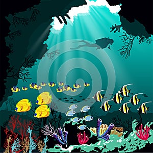 Coral reef with various species of fish and silhouette of diver over blue sea background.