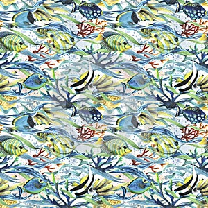 Coral reefs with algae, waves of water, fish, sea sponges, bubbles. Watercolor illustration. Seamless pattern on a white