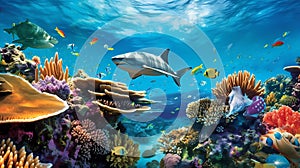 the coral reefs underwater life, colorful tropical fish swimming amidst a coral garden, with a majestic shark