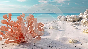 Coral on sandy beach with blue ocean water in background