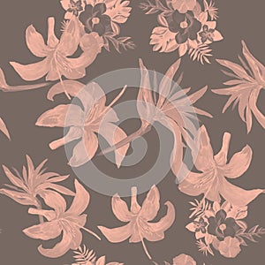 Coral Seamless Hibiscus. Brown Pattern Nature. Black Tropical Exotic. Pink Flower Leaves. Gray Watercolor Foliage.