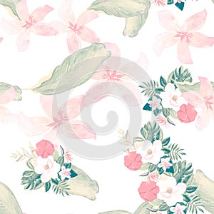 Coral Seamless Leaves. Yellow Pattern Background. Pink Tropical Illustration. Organic Flower Background.