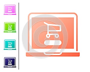 Coral Shopping cart on screen laptop icon isolated on white background. Concept e-commerce, e-business, online business