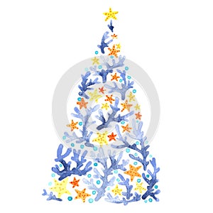 Coral and starfish Christmas tree watercolor for decoration on summer Christmas.