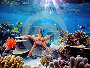Coral with starfish under water