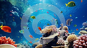 Coral underwater world. Coral tropical reef. Underwater world. Fishes in a coral reef. Colorful corals with fish.