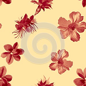 Coral Watercolor Design. Red Flower Textile. Rusty Seamless Wallpaper. Pink Hibiscus Print. Pattern Texture. Tropical Textile. Fas