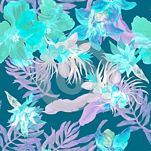 Coral Watercolor Jungle. Pink Flower Plant. Turquoise Seamless Jungle. Green Pattern Background.Tropical Textile.Isolated Backdrop