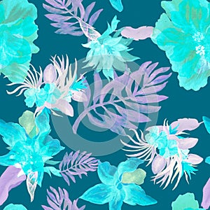 Coral Watercolor Plant. Turquoise Flower Jungle. Pink Seamless Garden. Green Pattern Background.Tropical Design.Isolated Painting.
