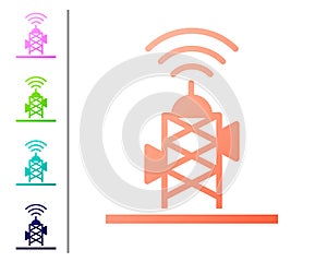 Coral Wireless antenna icon isolated on white background. Technology and network signal radio antenna. Set color icons