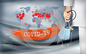 Coranavirus background with doctor holding a protective Medical Surgical Face mask and stethoscope.