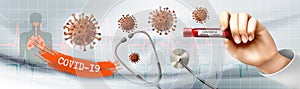 Coranavirus background with doctor holding tube with pasitiv test photo