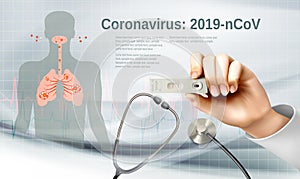 Coranavirus background with nurse holding a positive rapid antigen test photo