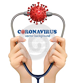 Coranavirus concept background. Two hands holding stethoscope with virus photo