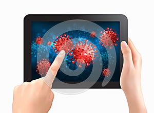 Coranavirus concept background. Two hands touch screen of tablet with virus COVID - 19 molecules