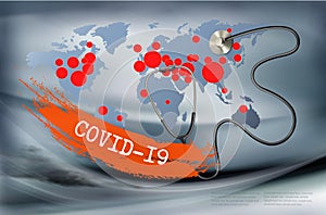 Coranavirus pandemic background with a stethoscope against a map of world. photo