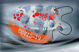 Coranavirus pandemic background with a stethoscope and virus moleculs against a map of world.