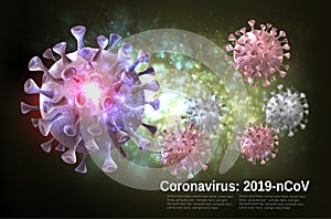 Coranavirus panorama. Background with virus COVID - 19 molecules photo
