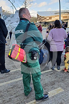 Corby, United Kingdom - 8. 02. 2020 - Portrait of a male paramedic at an outdoor event