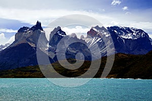 Cordillera Paine and Pehoe Lake in `Torres del Paine` National Park photo