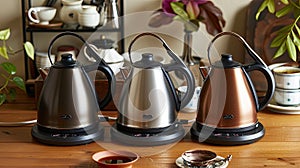 cordless electric kettles with detachable bases and ergonomic designs, showcasing their portability and ease of use in photo