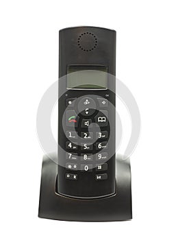 Cordless phone in cradle on white background.