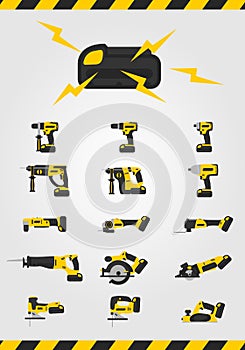 Cordless power tools with battery on white background