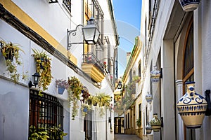 Cordoba: old typical street in the Juderia with plants and flowers. Andalucia, Spain.