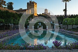 Cordoba, Spain, September, 26, 2017: The formal garden of the Alcazar de los Reyes Cristianos in Cordoba, Andalusia, Spain an