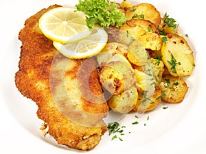 Cordon Bleu with Roast Potatoes - Cordon Bleu on white Background