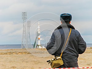 The cordon when launching a spacecraft, Baikonur, Kazakhstan