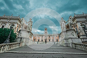Cordonata capitolina, a stone walkway to the capitol hill in Rome, access to the Senatorial palace on the top. Cloudy day with