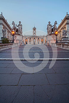 Cordonata staircase with the statues of Castor and Pollux in Piazza del Campidoglio in background Capitoline Square in Rome,