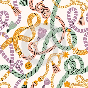 Cords, tassels and chains, pastel pattern illustration