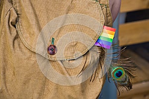 Corduroy bagpack with a gay rainbow flag