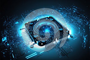 Core of artificial intelligence, processor and magic light inside machine, generative AI